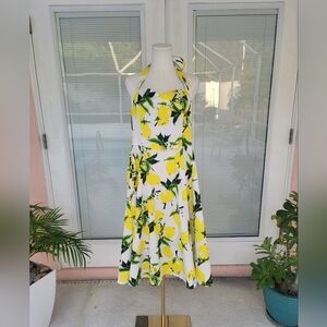Hearts & Roses London Lemon Print Halter Swing Dress Retro Style